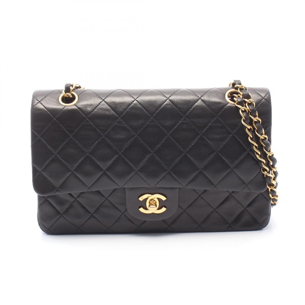 CHANEL Matelasse Double flap Chain Shoulder Bag Lambskin Black GHW Used Women