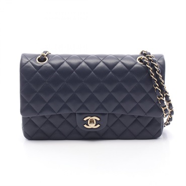 CHANEL Matelasse W flap chain Shoulder Bag A01112 Lambskin Navy Used Women GHW