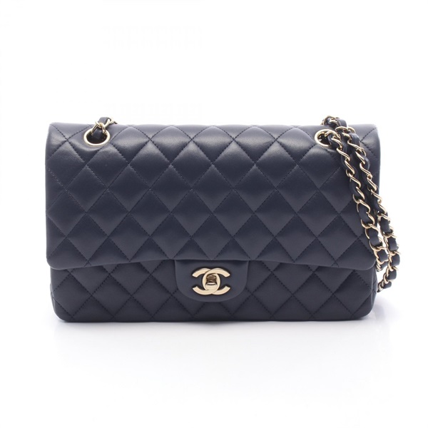 CHANEL Matelasse W flap chain Shoulder Bag A01112 Lambskin Navy Used Women GHW