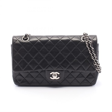 CHANEL Matelasse Double flap Chain Shoulder Bag Lambskin Black SHW Used CC Logo