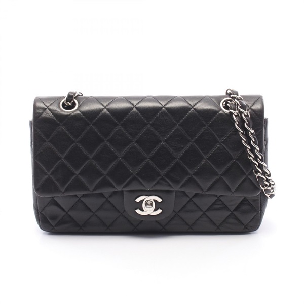 CHANEL Matelasse Double flap Chain Shoulder Bag Lambskin Black SHW Used CC Logo
