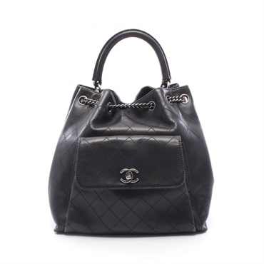 CHANEL Matelasse Chain Drawstring Rucksack Backpack leather Black SHW Used Women