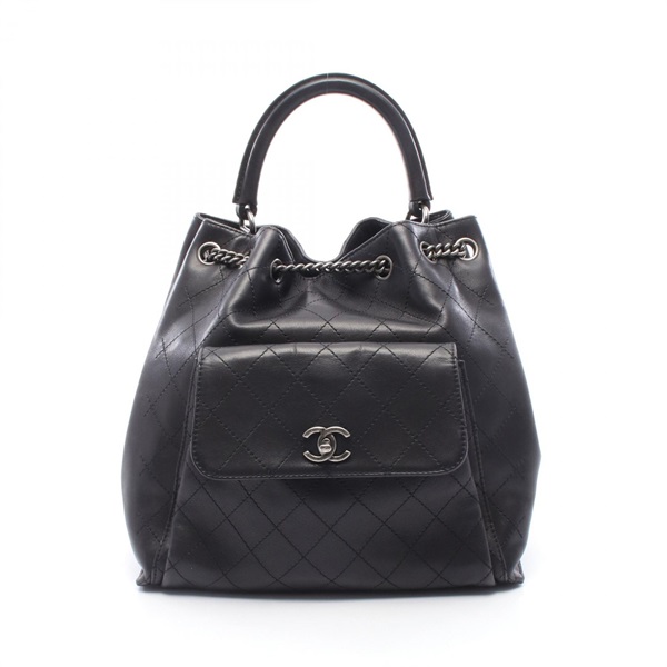 CHANEL Matelasse Chain Drawstring Rucksack Backpack leather Black SHW Used Women