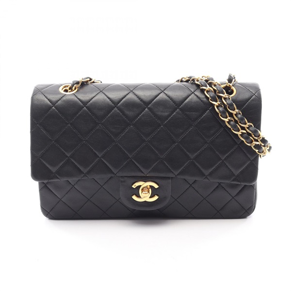 CHANEL Matelasse W flap chain Shoulder hand Bag A01112 Lambskin Black Used GHW