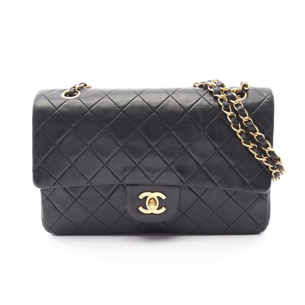 CHANEL Matelasse W flap Chain Shoulder Bag A01112 Lambskin Black Used Women GHW