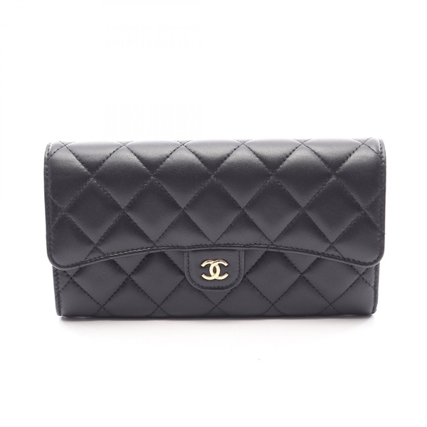CHANEL Classic Long Flap Wallet Matelasse AP0241 Lamb leather Black Used GHW CC