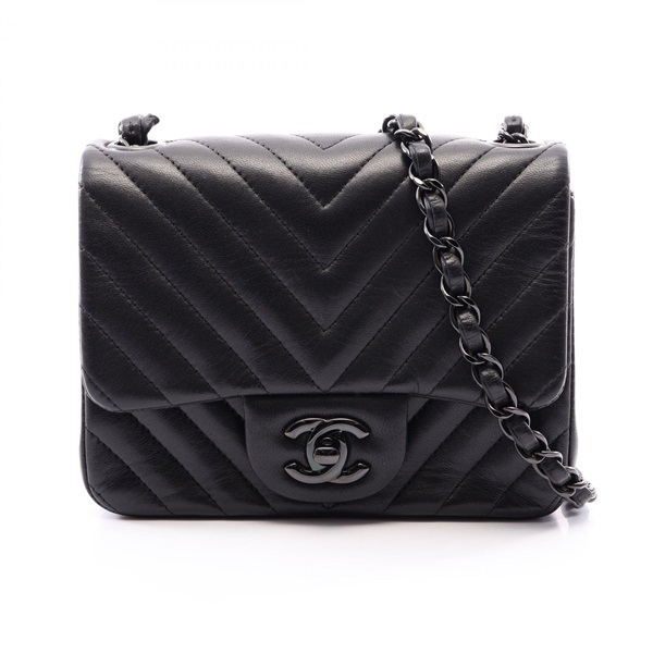 CHANEL Chevron V-stitch Mini Black Hardware Chain Shoulder Bag Lambskin Blk SHW