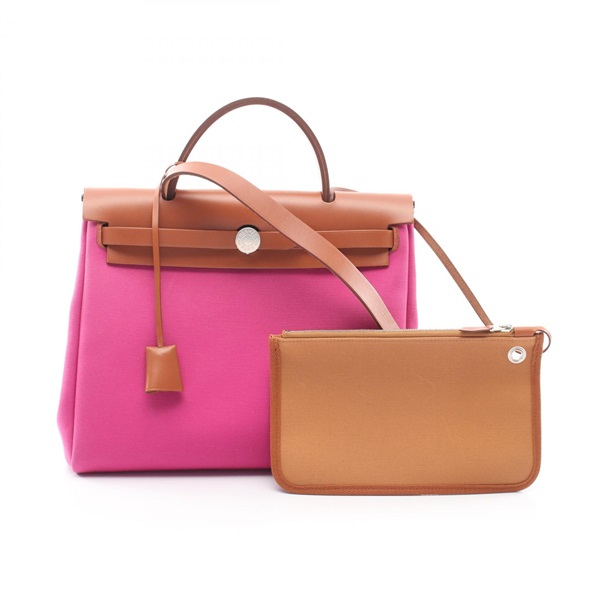 HERMES Herbag Zip PM Shoulder Handbag Toile officier canvas leather Pink SHW Y