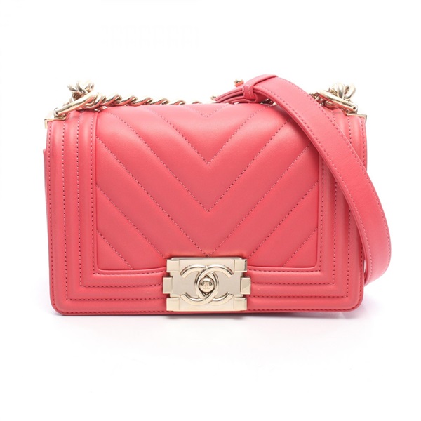 CHANEL Boy Chanel Small Chevron V Stitch Shoulder Bag Leather Pink Used GHW