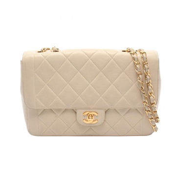 CHANEL Matelasse Single Flap Chain Shoulder Bag Lambskin Beige CC Logo Used