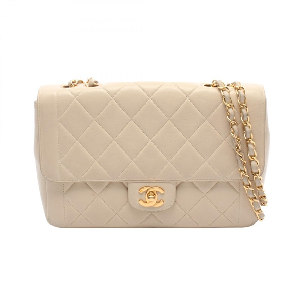 CHANEL Matelasse Single Flap Chain Shoulder Bag Lambskin Beige CC Logo Used