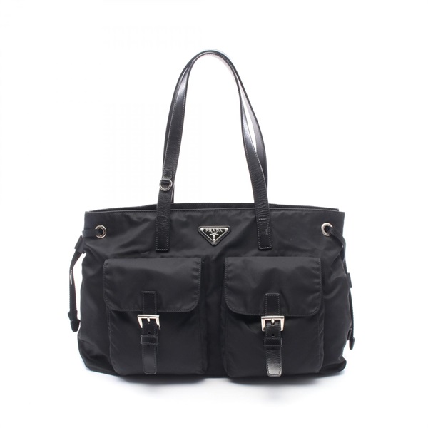 PRADA Triangle logo Shoulder Tote Bag Nylon leather Black Used Women