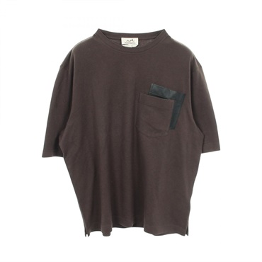 HERMES Leather patch crew neck T-shirt cotton Brown Black Used mens size M