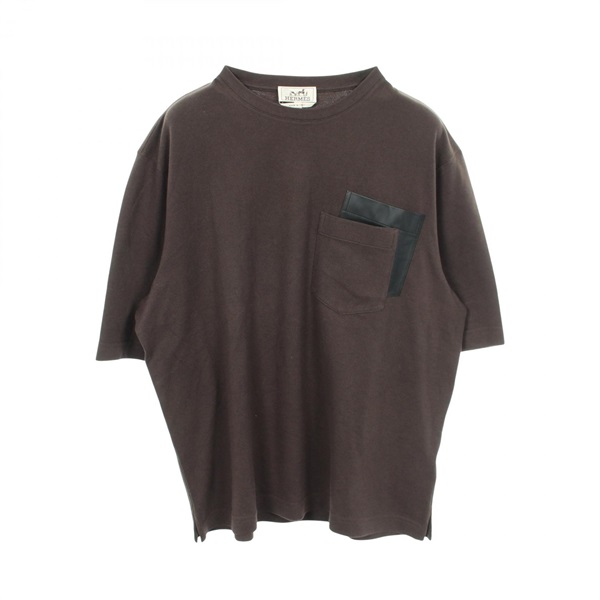 HERMES Leather patch crew neck T-shirt cotton Brown Black Used mens size M