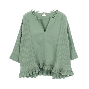 HERMES Frill Blouse Shirt Top #34 silk cotton Green Used Women