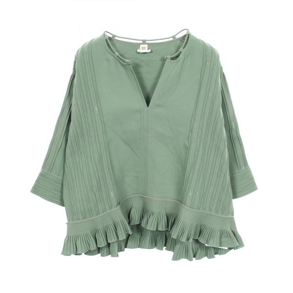 HERMES Frill Blouse Shirt Top #34 silk cotton Green Used Women