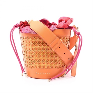 BVLGARI Serpenti Forever Crossbody Shoulder Bag leather Raffia Orange Beige Used
