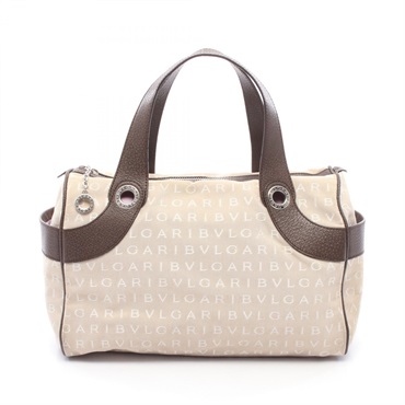 BVLGARI Logo Mania Mini Boston Handbag canvas leather Beige Brown Used Women