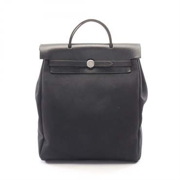 HERMES Herbag Ad PM Rucksack Backpack Toile officier canvas leather Black Used C