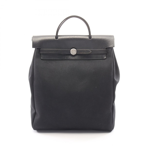 HERMES Herbag Ad PM Rucksack Backpack Toile officier canvas leather Black Used C