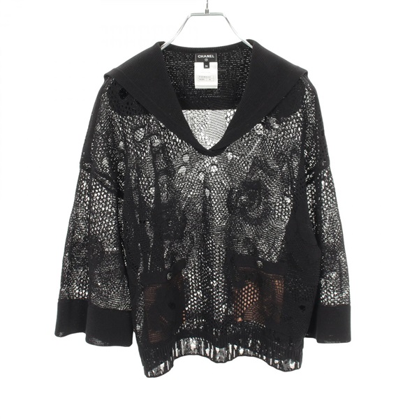 CHANEL COCO Mark Camellia Sailor Collar Knit Sweater cotton Black Used size 36