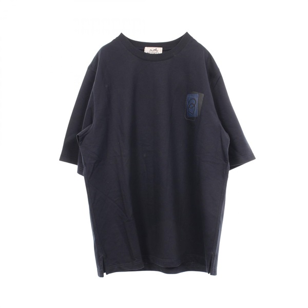 HERMES Leather Patch Crew neck T-shirt Short sleeved Top cotton Navy Used size S