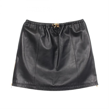 CELINE Triomphe Mini Skirt #40 leather Black Used Women