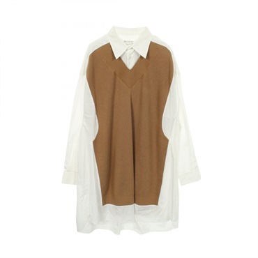 Maison Margiela 1 Knit-docking Oversized top Dress cotton White Brown Used #XS
