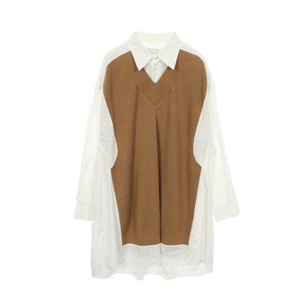 Maison Margiela 1 Knit-docking Oversized top Dress cotton White Brown Used #XS