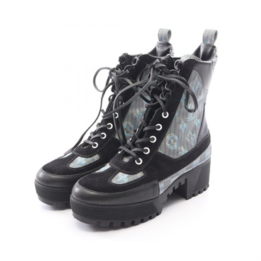 LOUIS VUITTON Laurier Line Monogram Short boots #38 canvas leather Suede Black