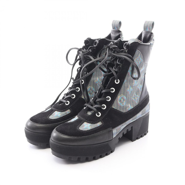 LOUIS VUITTON Laurier Line Monogram Short boots #38 canvas leather Suede Black