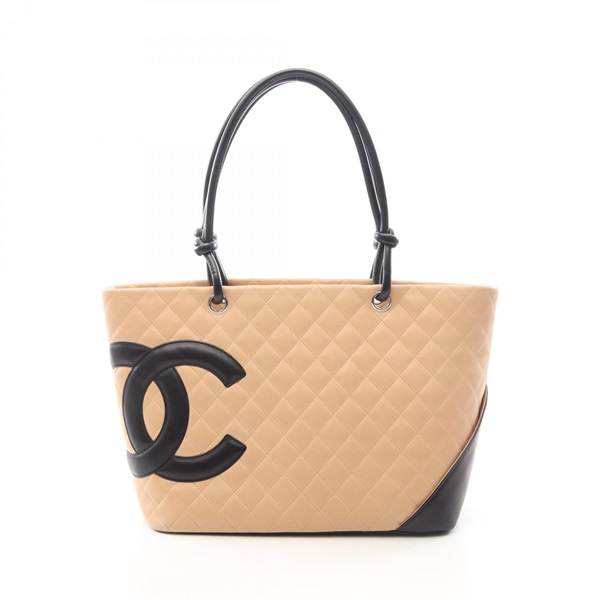 CHANEL Cambon Line Large Tote Shoulder Bag A25169 leather Beige Black SHW Used