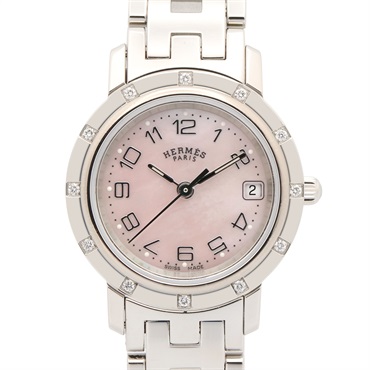 HERMES Clipper Nacre 12P Diamond Wrist Watch CL4.230 Quartz SS Used Women