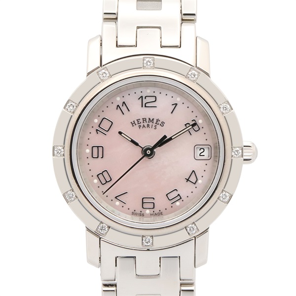 HERMES Clipper Nacre 12P Diamond Wrist Watch CL4.230 Quartz SS Used Women