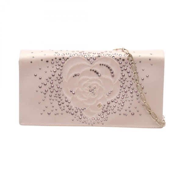 CHANEL Camellia COCO Mark Chain Clutch Shoulder Party Bag Fabric Pink GHW Used