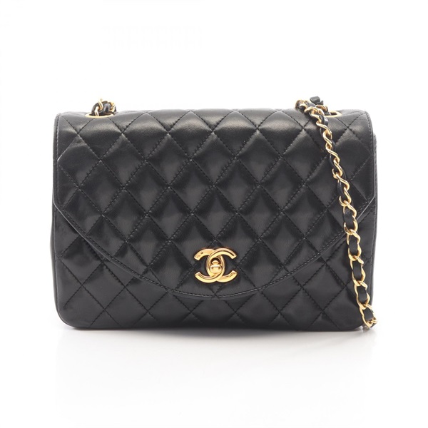CHANEL Matelasse Round Flap chain Shoulder crossbody Bag Lambskin Black Used GHW