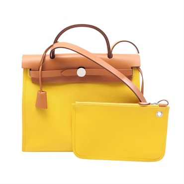 HERMES Herbag Zip PM Shoulder Handbag Toile officier canvas leather Yellow Brown