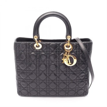 Christian Dior Lady Dior Large shoulder tote Handbag leather Black Used Women