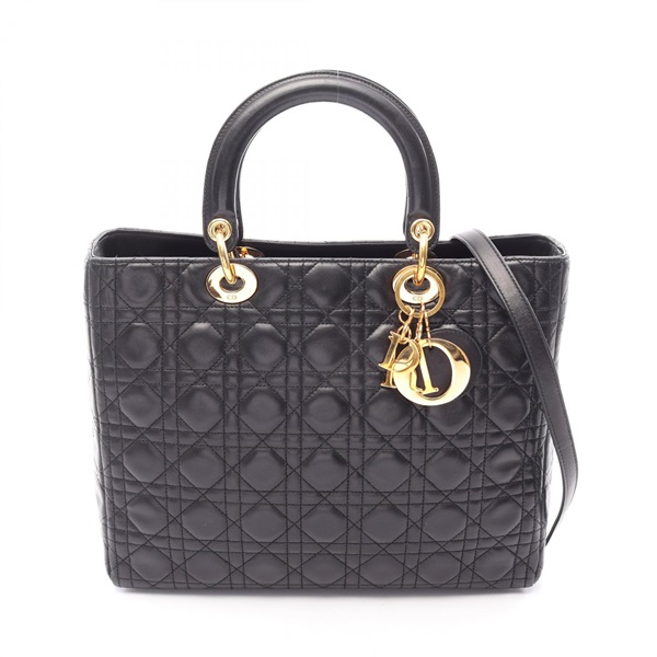 Christian Dior Lady Dior Large shoulder tote Handbag leather Black Used Women