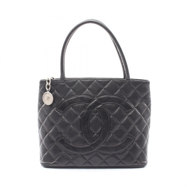 CHANEL Medallion tote hand Bag A01804 Calfskin leather Black Used Women SHW