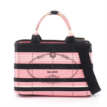 PRADA CANAPA RIGHE Shoulder crossbody Hand Tote Bag canvas Pink Black Used Women