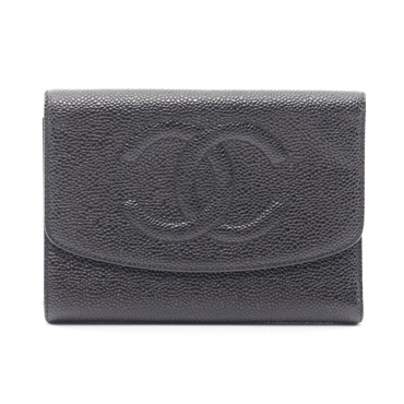 CHANEL COCO Mark Tri-fold compact wallet purse Calfskin Black Used Women GHW