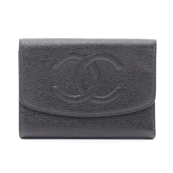 CHANEL COCO Mark Tri-fold compact wallet purse Calfskin Black Used Women GHW