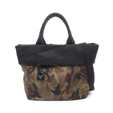 PRADA Camouflage Reversible 2-Way Shoulder Tote Bag Nylon Khaki Black Multi Used
