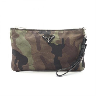 PRADA Triangle logo Camouflage Pouch Mini Bag Nylon Fabric Green Black Used