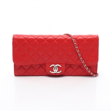 CHANEL Matelasse Chain Shoulder Handbag Wallet Lambskin leather Red GHW Used CC