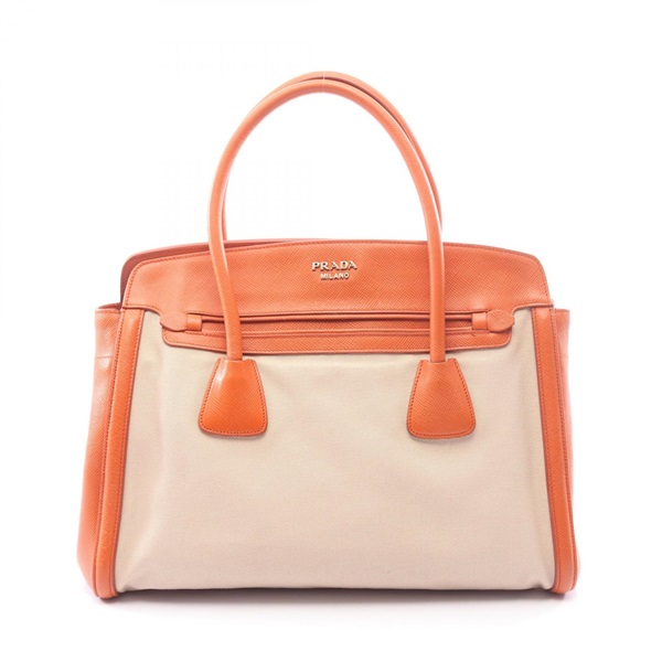 PRADA Tote Bag canvas Saffiano leather Beige Orange Used Women