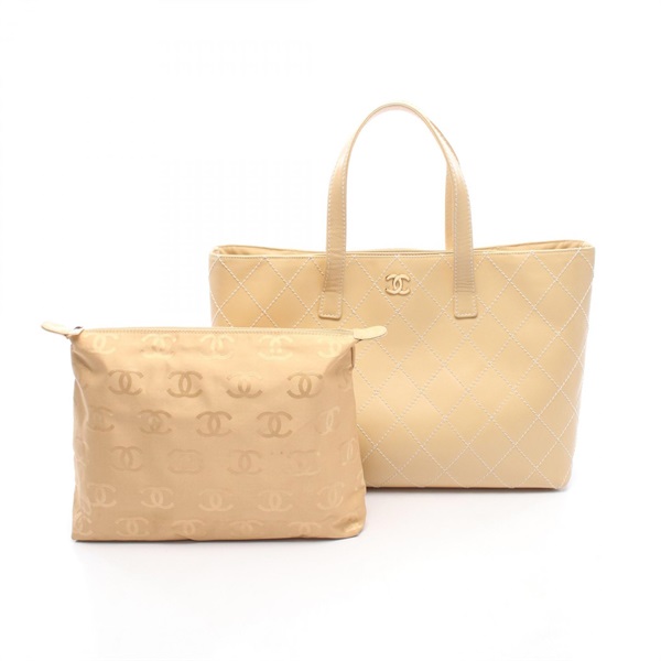 CHANEL Wild stitch Tote Shoulder Bag leather Beige GHW Used Women Coco CC