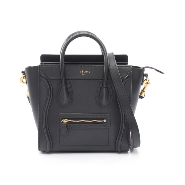 CELINE Luggage Nano Shopper 2WAY Shoulder Handbag leather Black Used Women