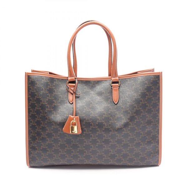 CELINE Horizontal Cabas Triomphe Tote Bag canvas leather Black Brown Used Women